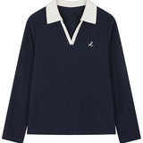 Contrasting Skipper Collar Logo Embroidered Long Sleeve T-Shirt - liwisi