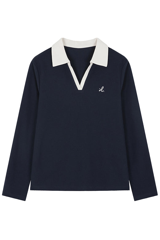 Contrasting Skipper Collar Logo Embroidered Long Sleeve T-Shirt - liwisi