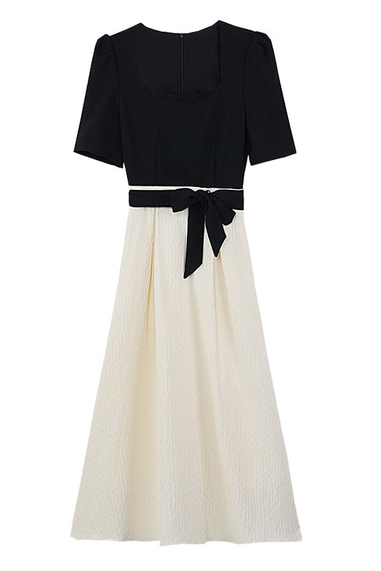Bi-Color Square Neck Tie-Belted Flare Dress with Lining - liwisi