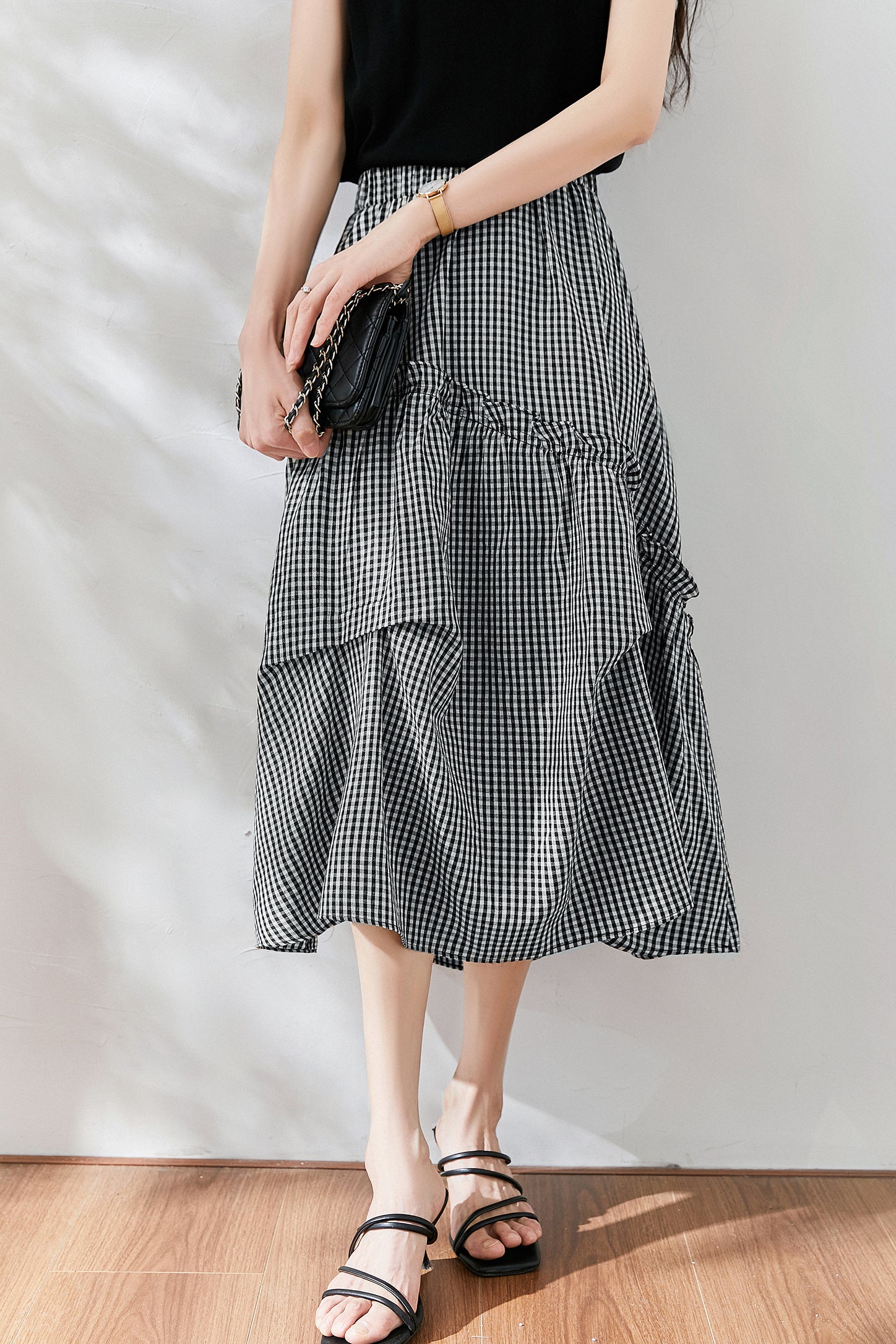 Asymmetrical Contrast Ruffle Decor Long Check Skirt – liwisi
