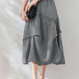Asymmetrical Contrast Ruffle Decor Long Check Skirt - liwisi