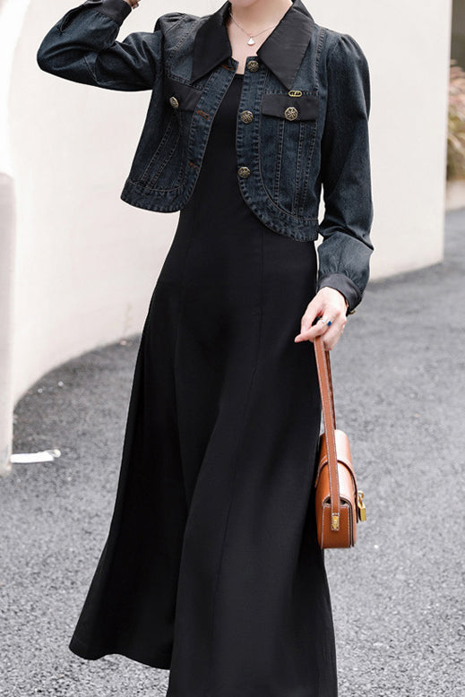 Two-Piece Set: Stand Collar Wrap Jacket + Casual Long Dress - 2 Colors Available - liwisi