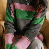 Patchwork color-contrasting striped sweater - liwisi