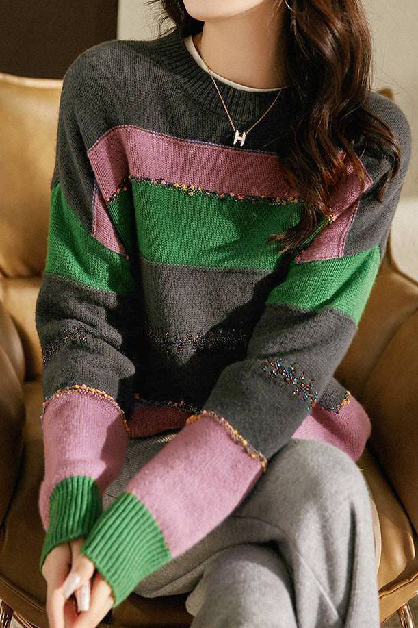 Patchwork color-contrasting striped sweater - liwisi