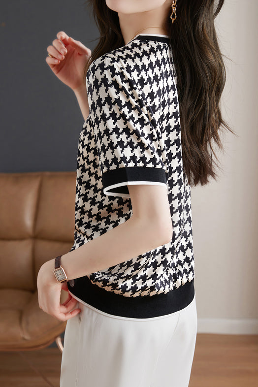Round Neck Houndstooth Print Short Sleeve T-Shirt - liwisi