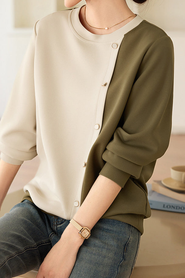 Bi-Color Button Decor Asymmetrical Sweatshirt - liwisi