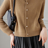 Textured Crew Neck Long Sleeve Knit Cardigan - liwisi