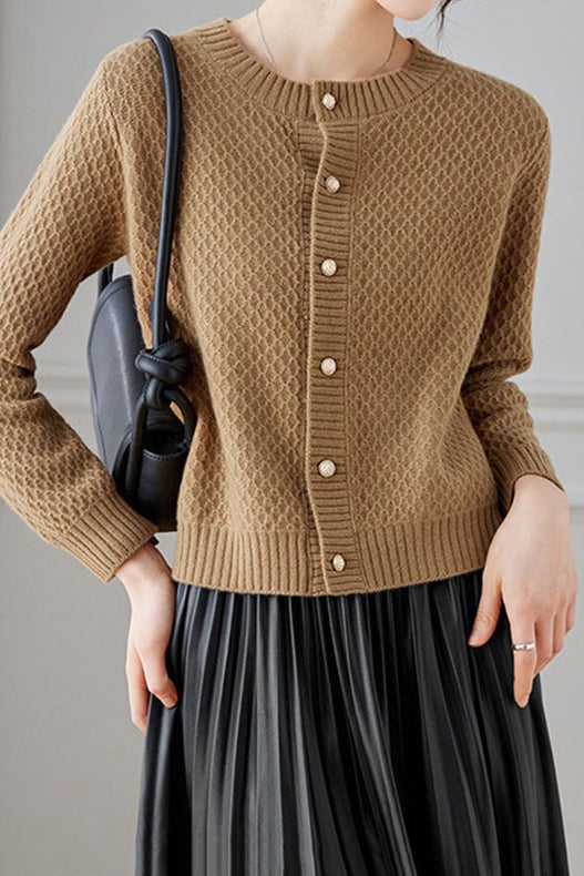 Textured Crew Neck Long Sleeve Knit Cardigan - liwisi