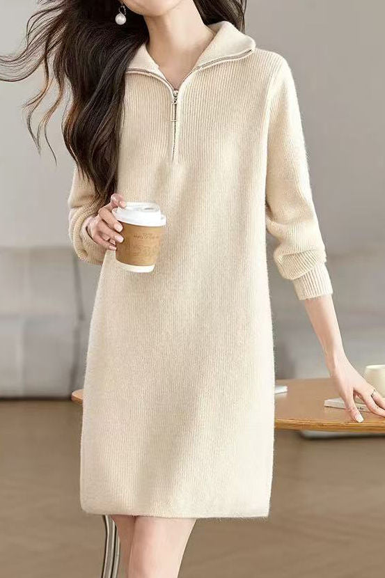 Fashionable Half-Zip Loose Sweater Dress - liwisi