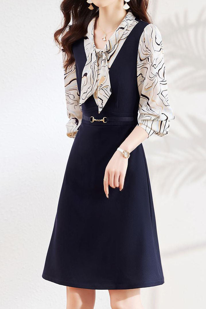 Early Autumn Stylish Fake Two-Piece Design Dress - liwisi