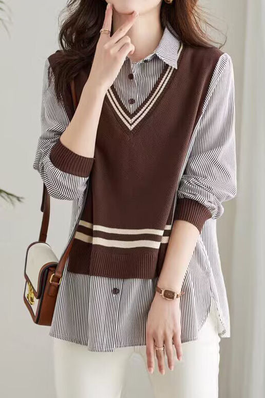 Early Autumn Casual Fake Two-Piece Spliced Shirt - liwisi