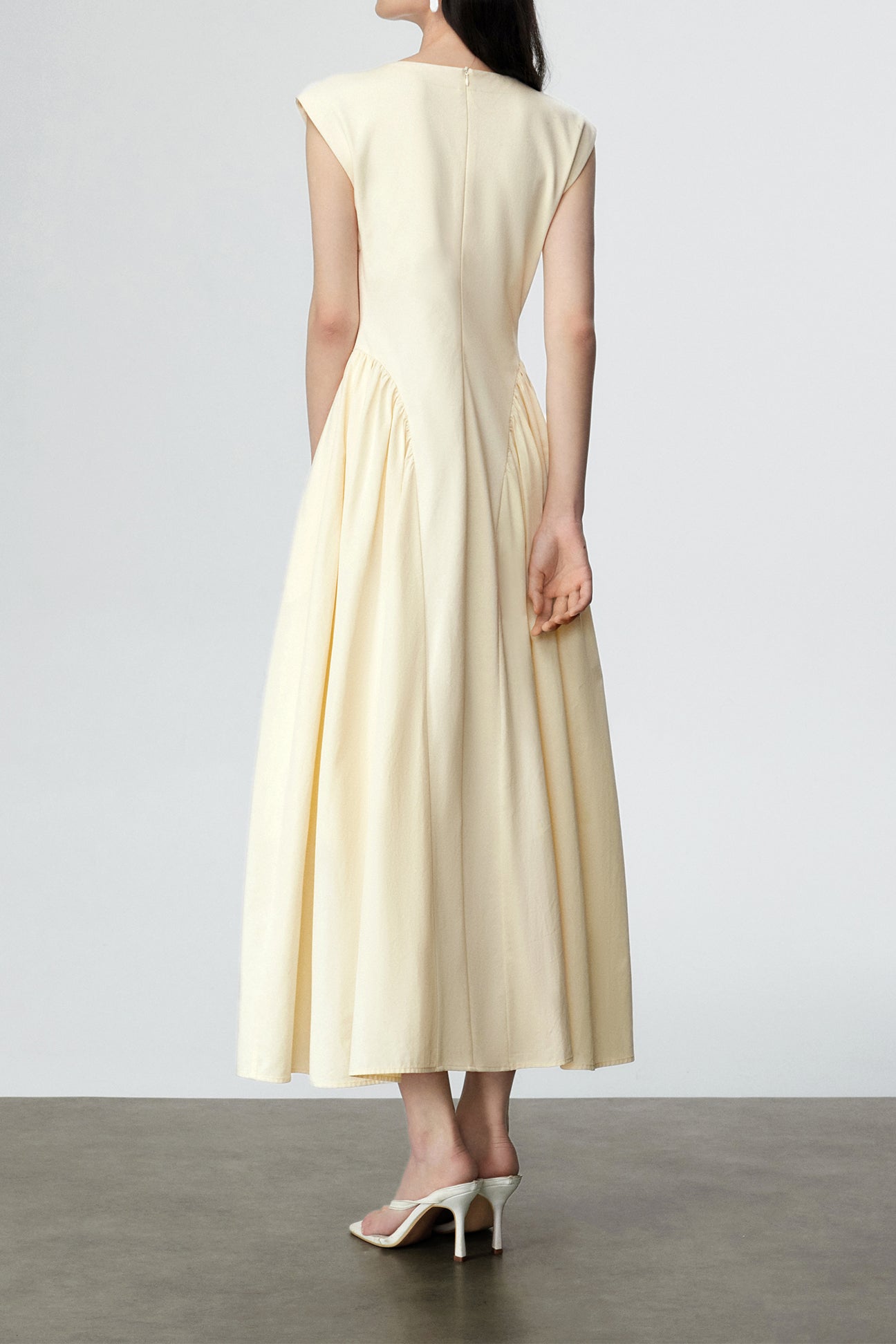 Key Neck Side Gathered Long Flare Dress with Lining - liwisi