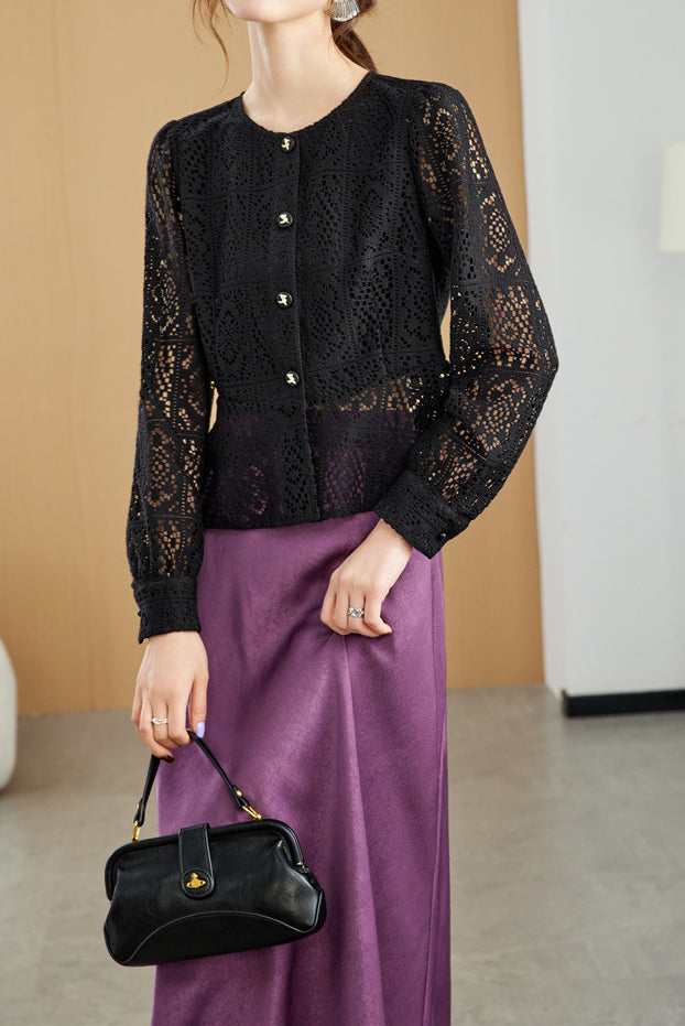 Round Neck Openwork Long Sleeve Cardigan with Lining - 2 Colors Available - liwisi