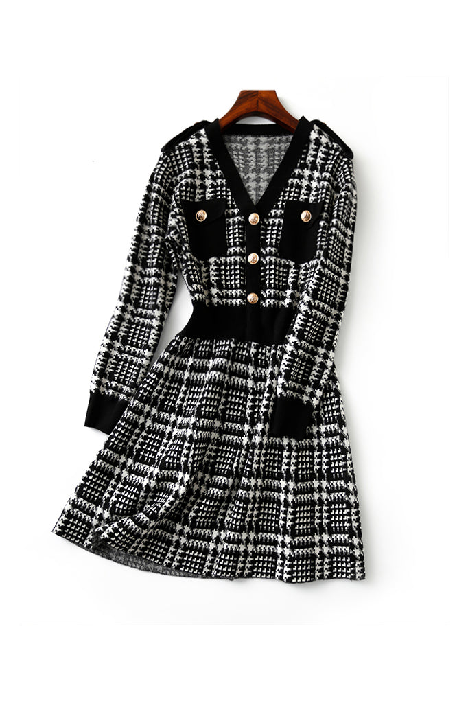 Elegant V-neck Houndstooth Knit Dress - 2 Colors Available - liwisi