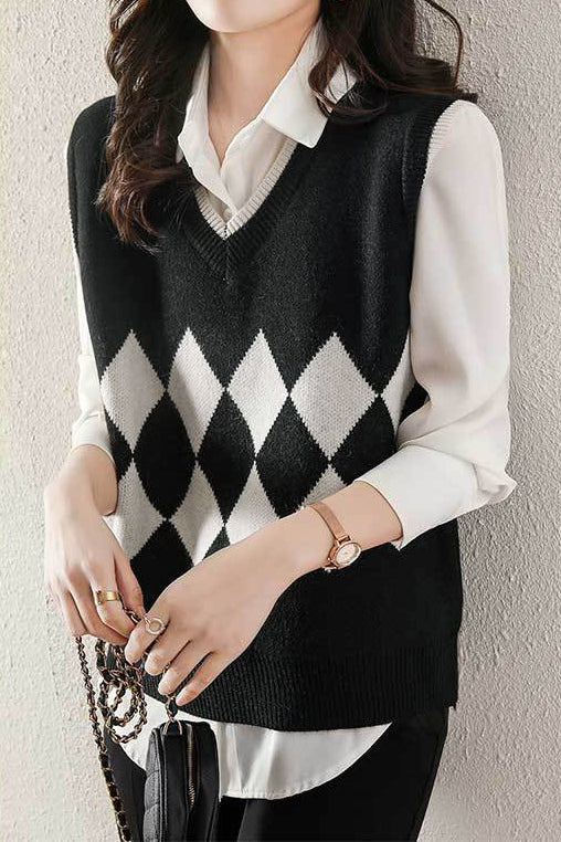 Casual V-Neck Diamond Pattern Knit Vest - 3 Colors Available - liwisi