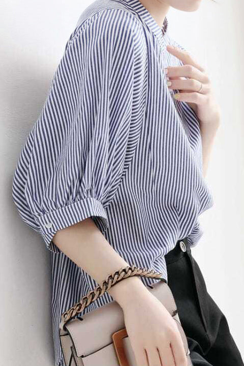Band Collar Striped Puff Blouse - 2 Colors Available - liwisi