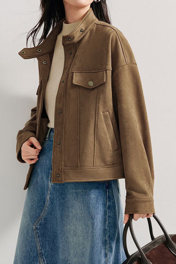 Stand Collar Short Jacket with Lining - 2 Colors Available - liwisi