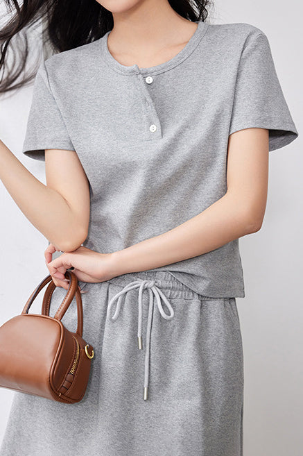 Two-Piece Set: Round Neck Slit Opening Short Sleeve T-Shirt + Logo Embroidered Drawstring Shorts - 2 Colors Available - liwisi