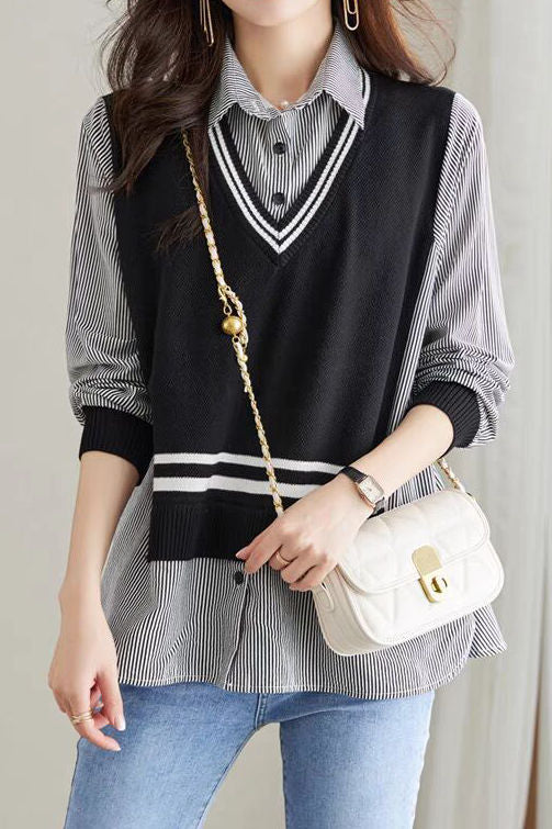 Early Autumn Casual Fake Two-Piece Spliced Shirt - liwisi