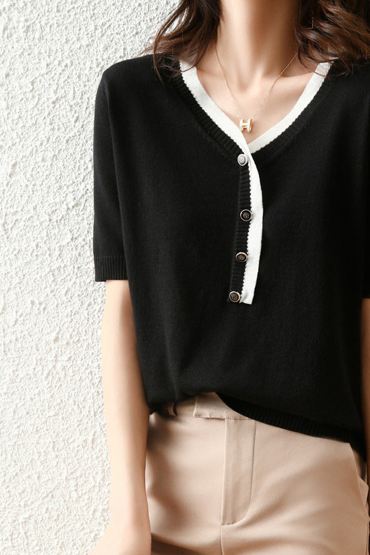 Bi-Color V-Neck Button Decor Knit Top - liwisi