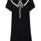 Peter Pan Collar Pleats Contrast Puff Dress - liwisi