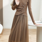 Two-Piece Set: V-Neck Button Decor Simple Knit + Tulle Long Flare Skirt with Lining - 2 Colors Available - liwisi