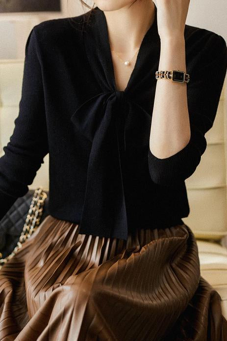 V-Neck Ribbon Tie Wool-Like Knit - 5 Colors Available - liwisi