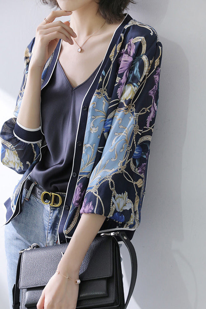 V-Neck Flower Print Short Sleeve Cardigan - liwisi