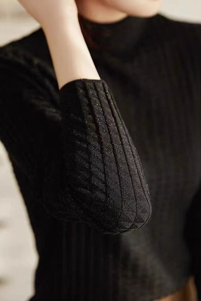 Plain Check Pattern Round High Neck Long Sleeve Tight Inner Knit - 2 Colors Available - liwisi