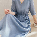 V-Neck Drawstring Long Flare Dress with Lining - liwisi