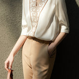 Scalloped V-Neck Embroidered Satin Blouse - liwisi