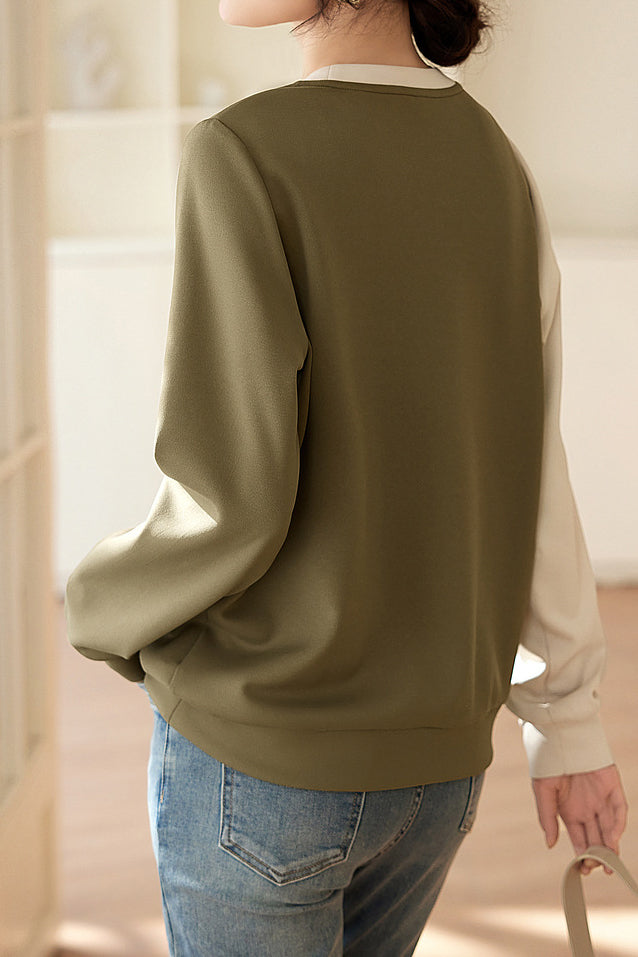 Bi-Color Button Decor Asymmetrical Sweatshirt - liwisi