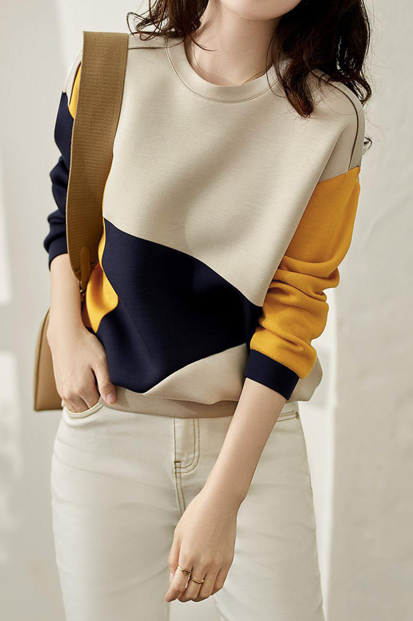 Round Neck Drop Shoulder Bi-Color Sweatshirt - liwisi