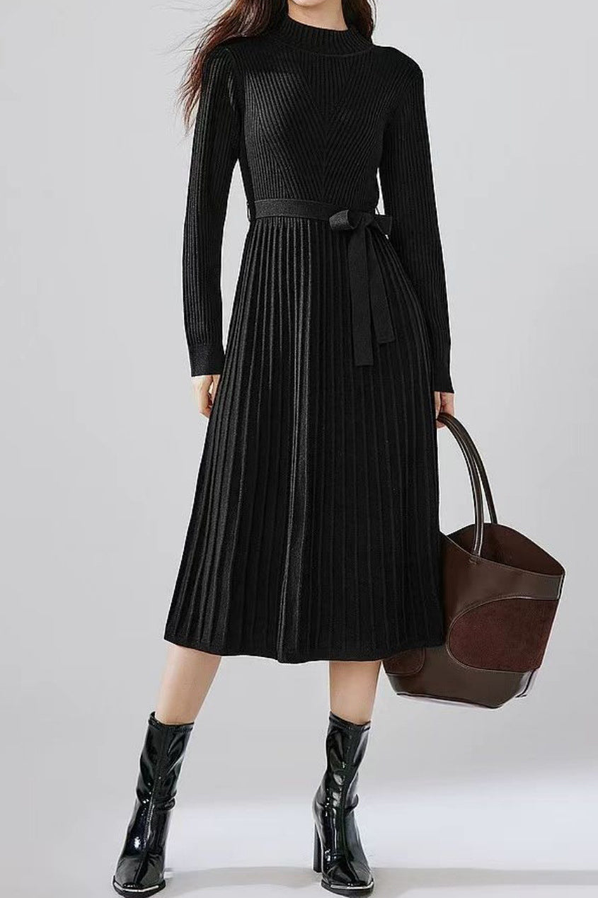 Bottle Neck Pleated Docking Knit Dress - 2 Colors Available - liwisi