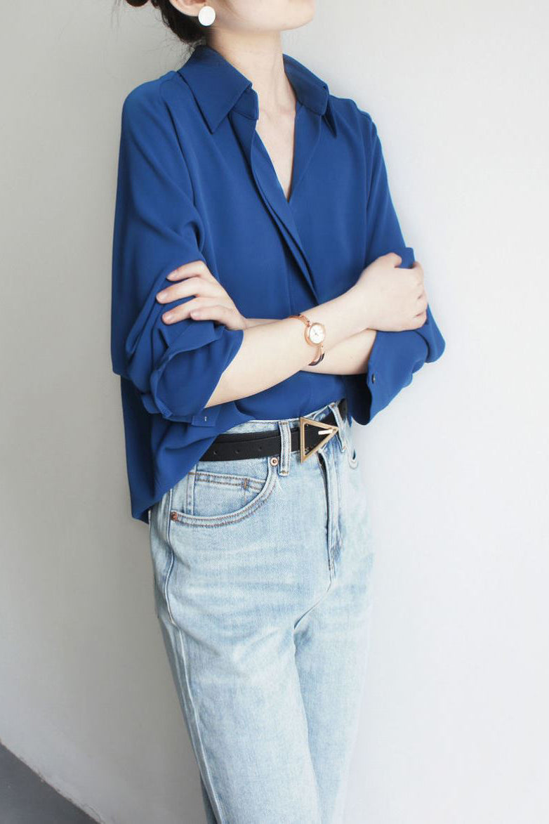 Skipper Collar Asymmetrical Long Sleeve Shirt - liwisi