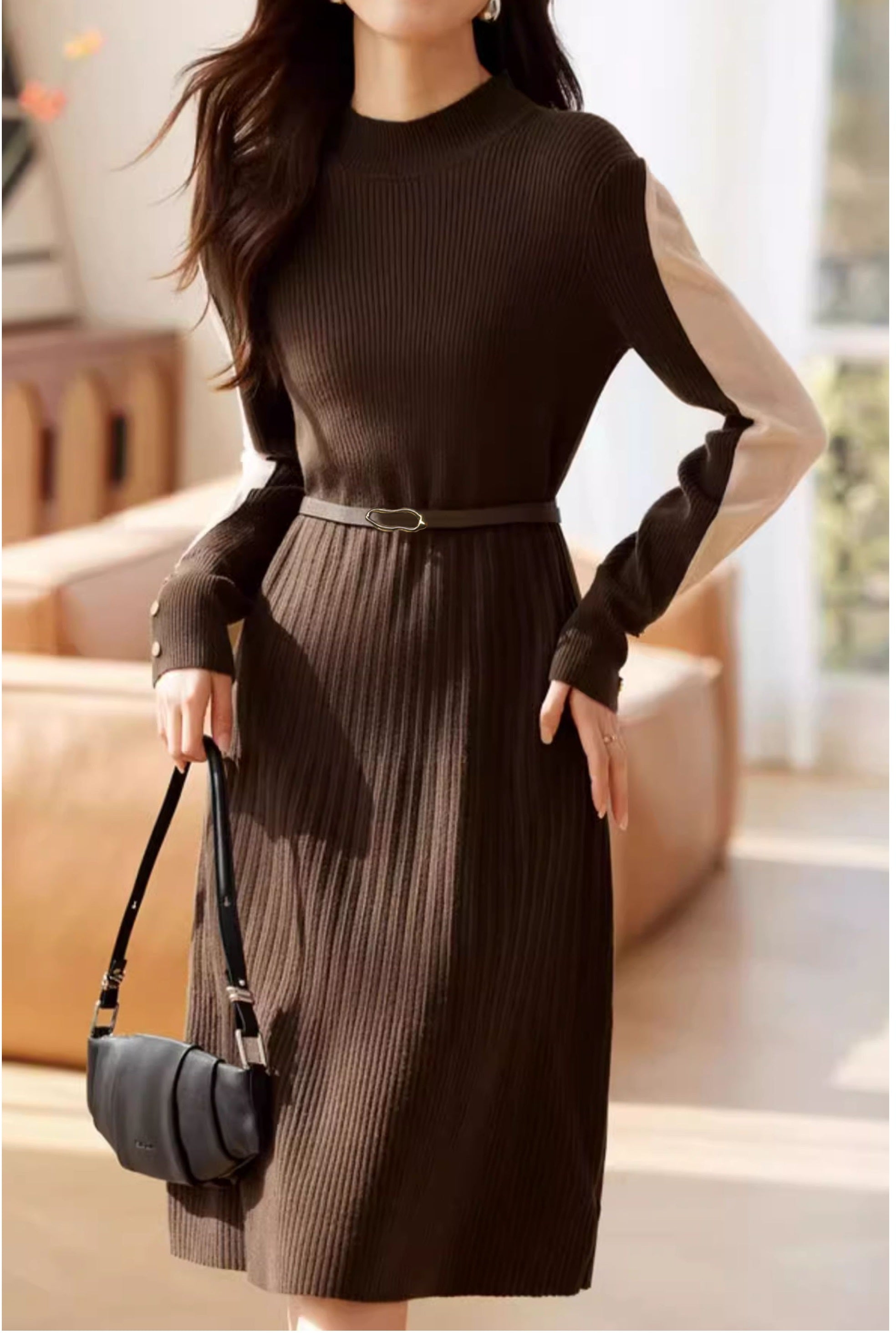 Elegant Contrast Color Panel Knit Dress - liwisi