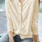 Round Neck Open Knit Check Pattern Cardigan - 3 Colors Available - liwisi