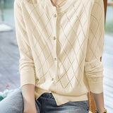 Round Neck Open Knit Check Pattern Cardigan - 3 Colors Available - liwisi
