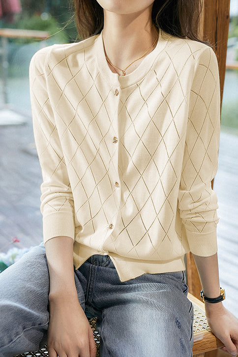 Round Neck Open Knit Check Pattern Cardigan - 3 Colors Available - liwisi