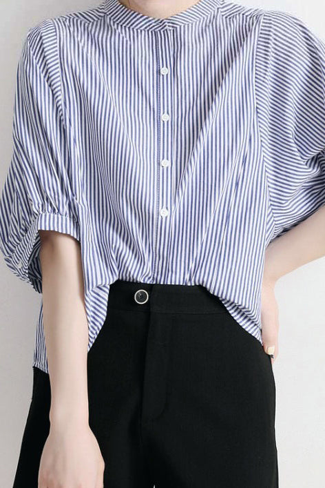 Band Collar Striped Puff Blouse - 2 Colors Available - liwisi