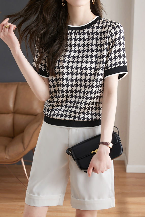 Round Neck Houndstooth Print Short Sleeve T-Shirt - liwisi