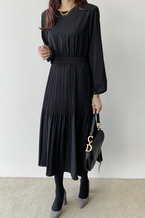 Round Neck Pleated Contrast Long Flare Dress - 4 Colors Available - liwisi