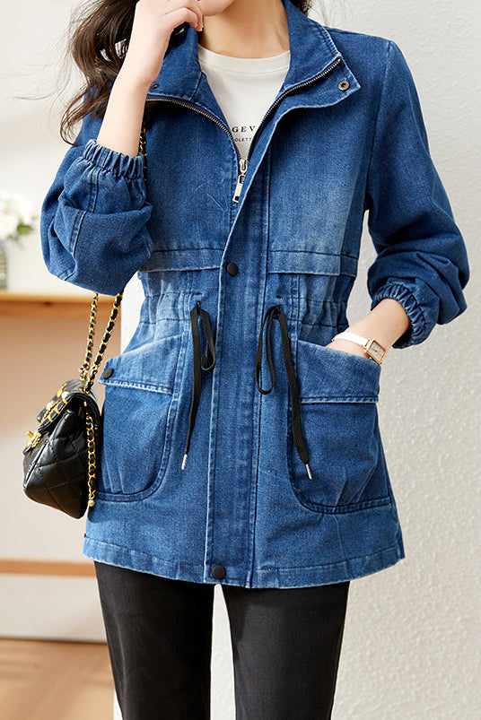 Stand Collar Zip-Up Denim Jacket - liwisi