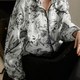 Stand Collar Ink Print Piped Hem Blouson - liwisi