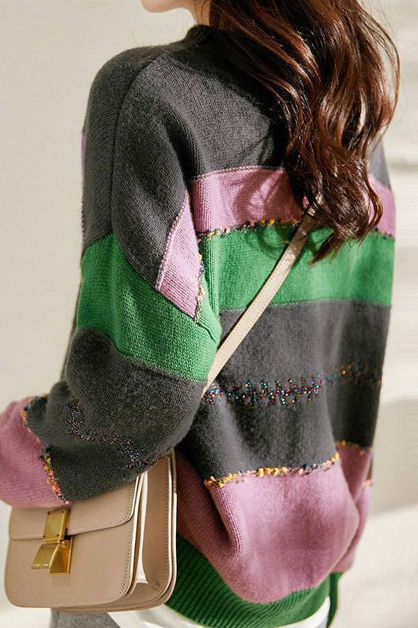 Patchwork color-contrasting striped sweater - liwisi