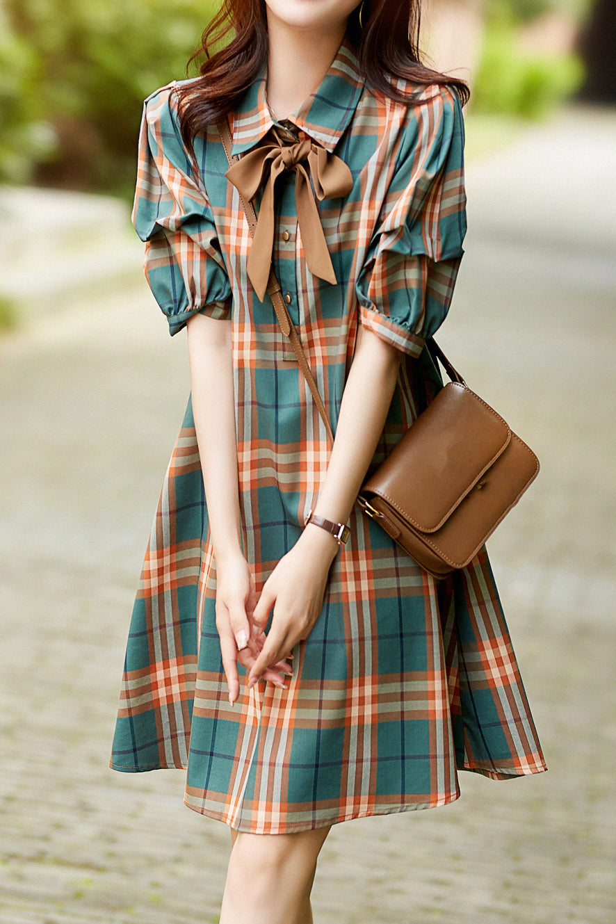 Ribbon Tie Check Pattern Dress - liwisi