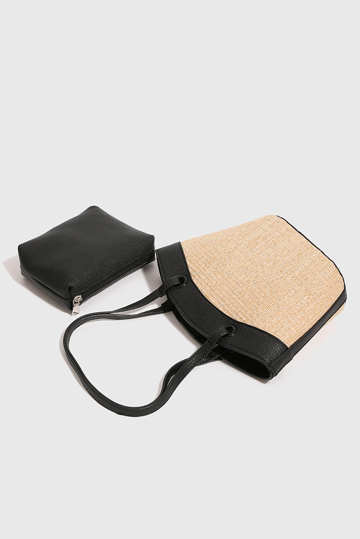 Leather Contrast Straw Shoulder Bag with Lining and Inner Bag - liwisi