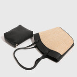 Leather Contrast Straw Shoulder Bag with Lining and Inner Bag - liwisi