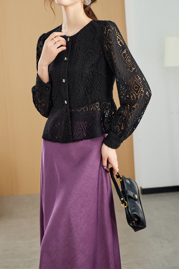 Round Neck Openwork Long Sleeve Cardigan with Lining - 2 Colors Available - liwisi