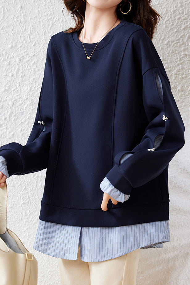 Layered Look Drop Shoulder Striped Contrast Sweatshirt - liwisi